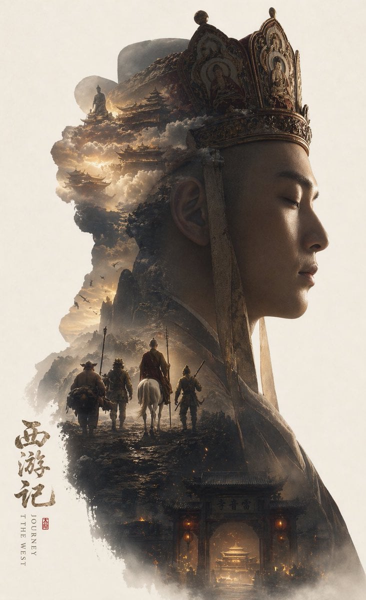 根据红楼梦自动生成一张 收藏版史诗叙事海报， 巨大优雅的林黛玉人物侧脸剪影作为外轮廓，剪影内部自动生长出最契合该主题的完整世界观、标志性场景、角色关系、象征符号、关键建筑、生物、道具与氛围。 ... thumbnail 2