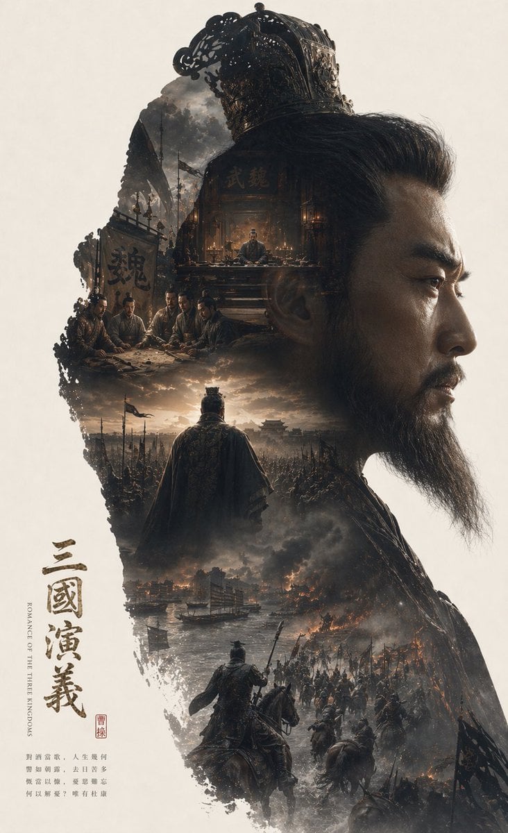 根据红楼梦自动生成一张 收藏版史诗叙事海报， 巨大优雅的林黛玉人物侧脸剪影作为外轮廓，剪影内部自动生长出最契合该主题的完整世界观、标志性场景、角色关系、象征符号、关键建筑、生物、道具与氛围。 ... thumbnail 3