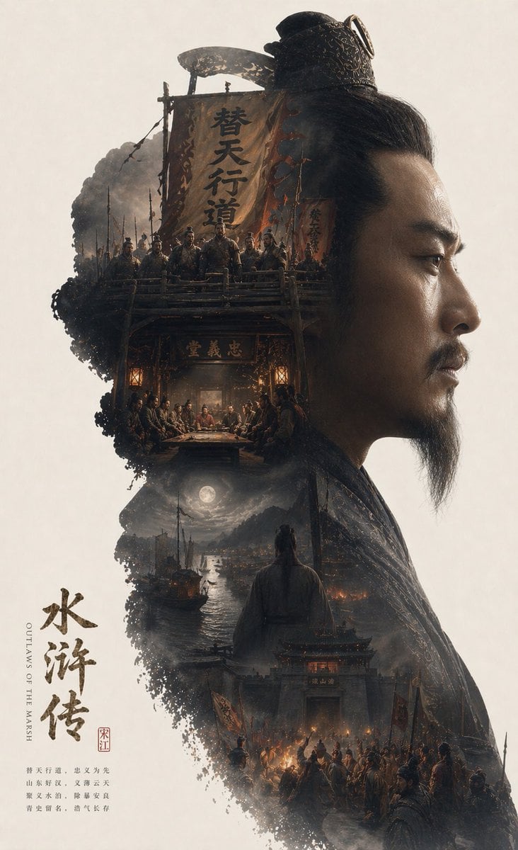 根据红楼梦自动生成一张 收藏版史诗叙事海报， 巨大优雅的林黛玉人物侧脸剪影作为外轮廓，剪影内部自动生长出最契合该主题的完整世界观、标志性场景、角色关系、象征符号、关键建筑、生物、道具与氛围。 ... thumbnail 4