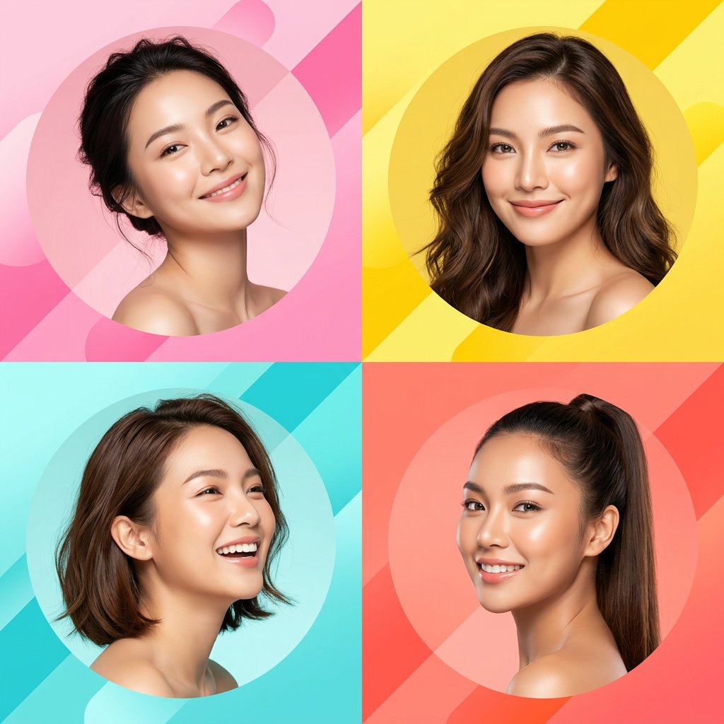 Ultra-modern High-end Skincare Advertising Collage Featuring Four Beautiful Young Asian sample 1