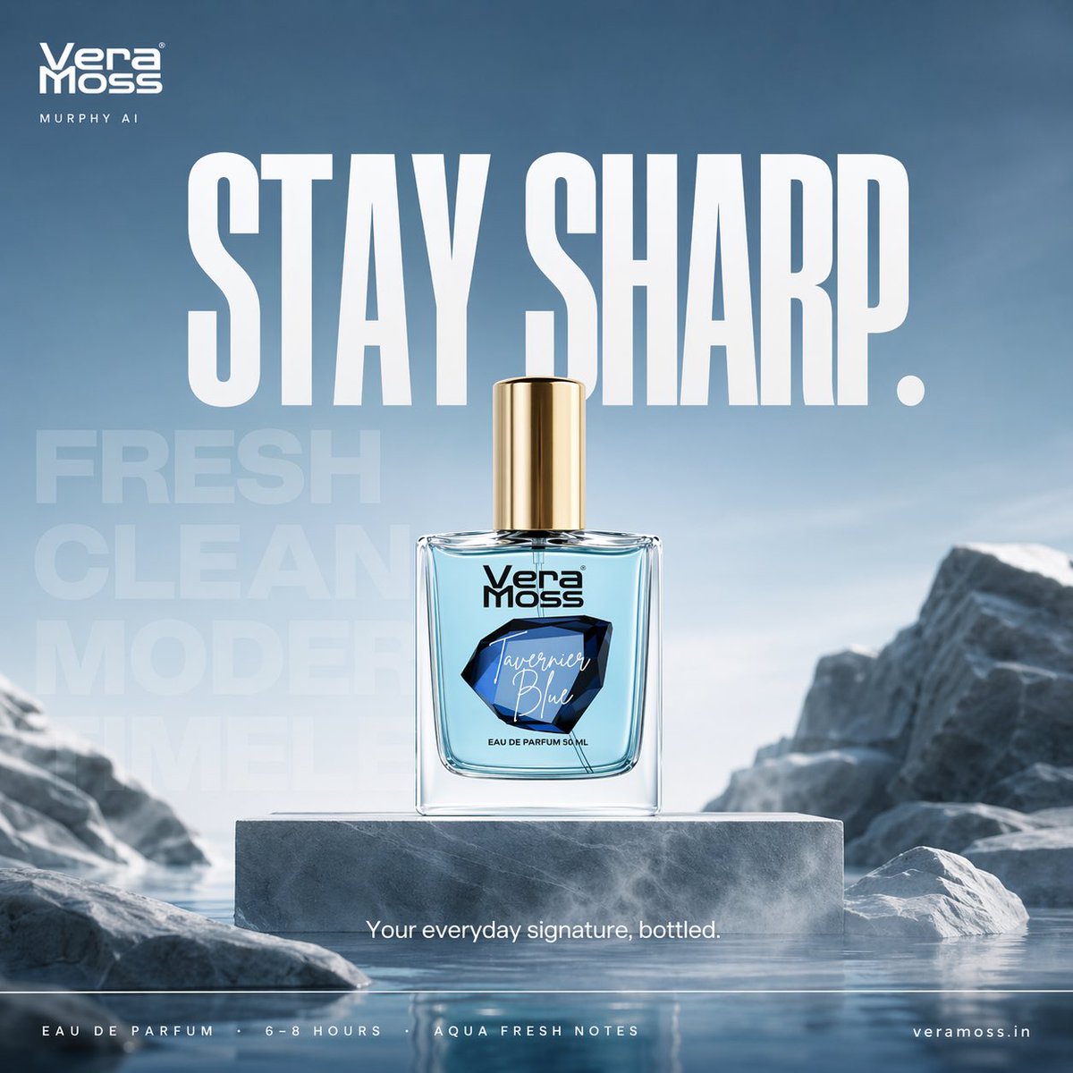 Hyper-realistic Cinematic Perfume Billboard Poster For Vera Moss Tavernier Blue sample 1
