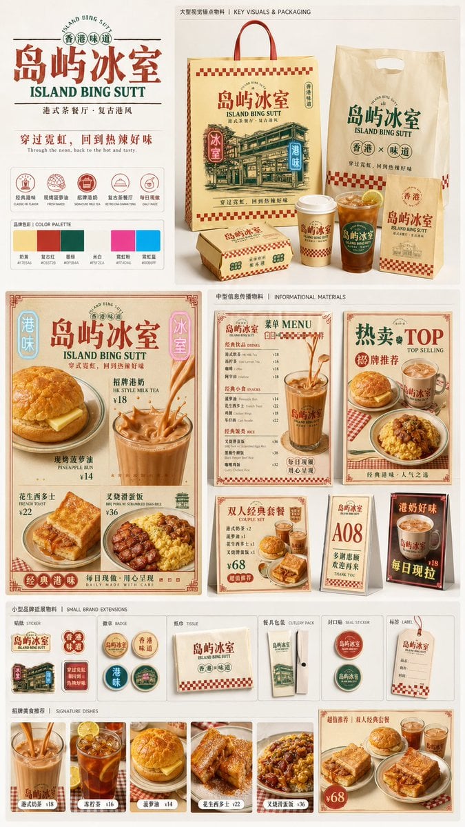 生成一张餐饮品牌触点矩阵系列视觉图，用于展示一个完整的餐饮品牌视觉系统与包装应用方案。 这是一个面向餐饮行业的品牌VI样机展示板 / 包装系统陈列图 / 品牌提案页。画面不是单张宣传海报，而是... thumbnail 2