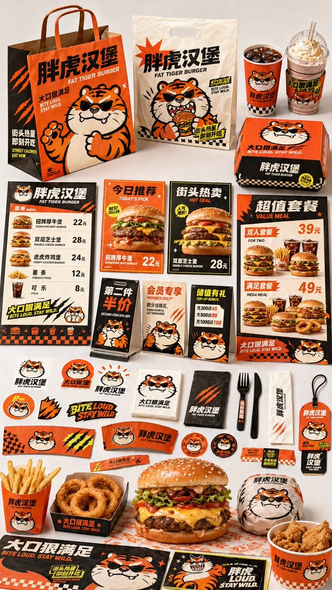 生成一张餐饮品牌触点矩阵系列视觉图，用于展示一个完整的餐饮品牌视觉系统与包装应用方案。 这是一个面向餐饮行业的品牌VI样机展示板 / 包装系统陈列图 / 品牌提案页。画面不是单张宣传海报，而是... thumbnail 4