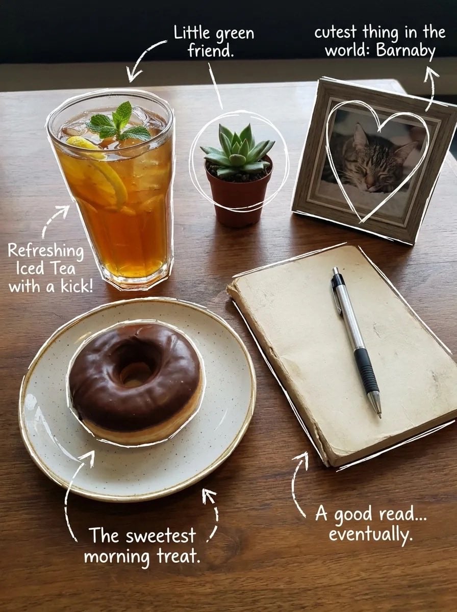Top-down flat lay on a rustic wooden table, cozy aesthetic, soft natural light. A glass of iced ... thumbnail 2