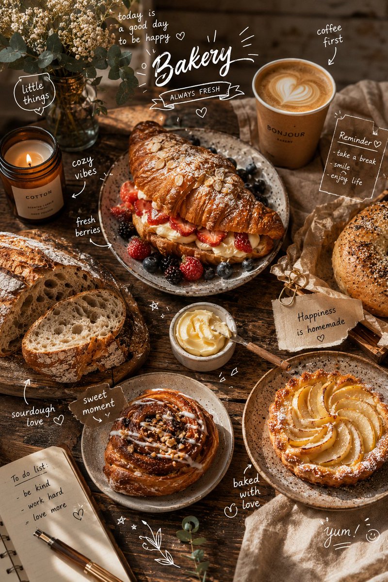 Bố cục bánh mì cao cấp với phong cách cà phê châu Âu